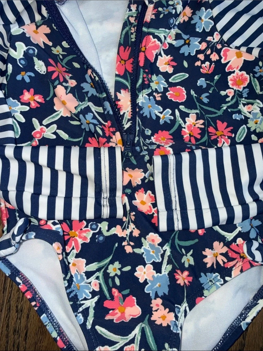OshKosh B'gosh Navy Floral Long-Sleeve One-Piece Swimsuit with Striped Sleeves 2